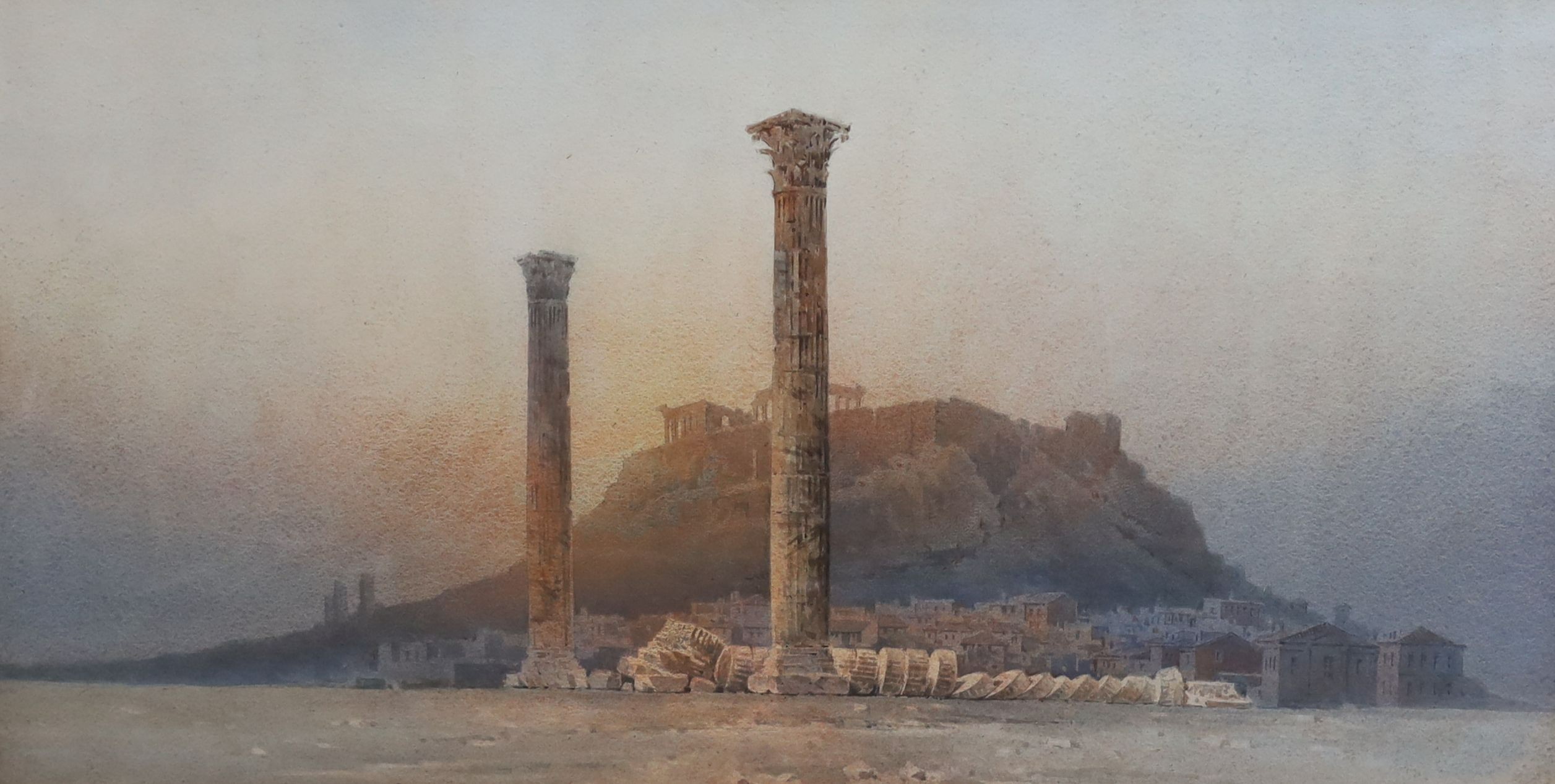 Angelos Giallina (Greek, 1857-1939), View of Athens and the Acropolis, watercolour, 48 x 91cm